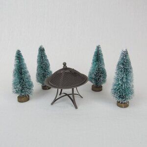 Miniature Fairy Rustic Brown Metal Fire Pit Rustic Attached Lid & Four Trees